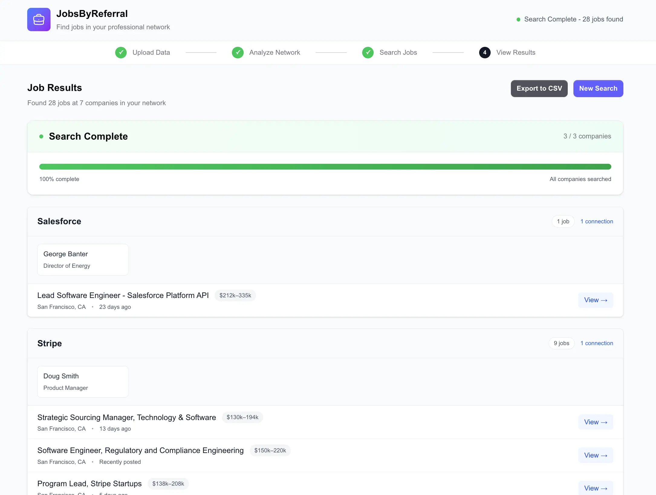 JobsByReferral demo showing job results with professional network connections